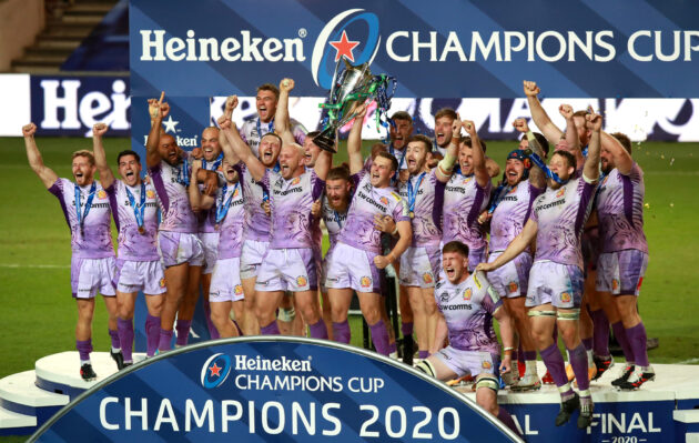 Exeter Chiefs captains Jack Yeandle and Joe Simmonds lifting the European Champions Cup with their teammates in 2020.