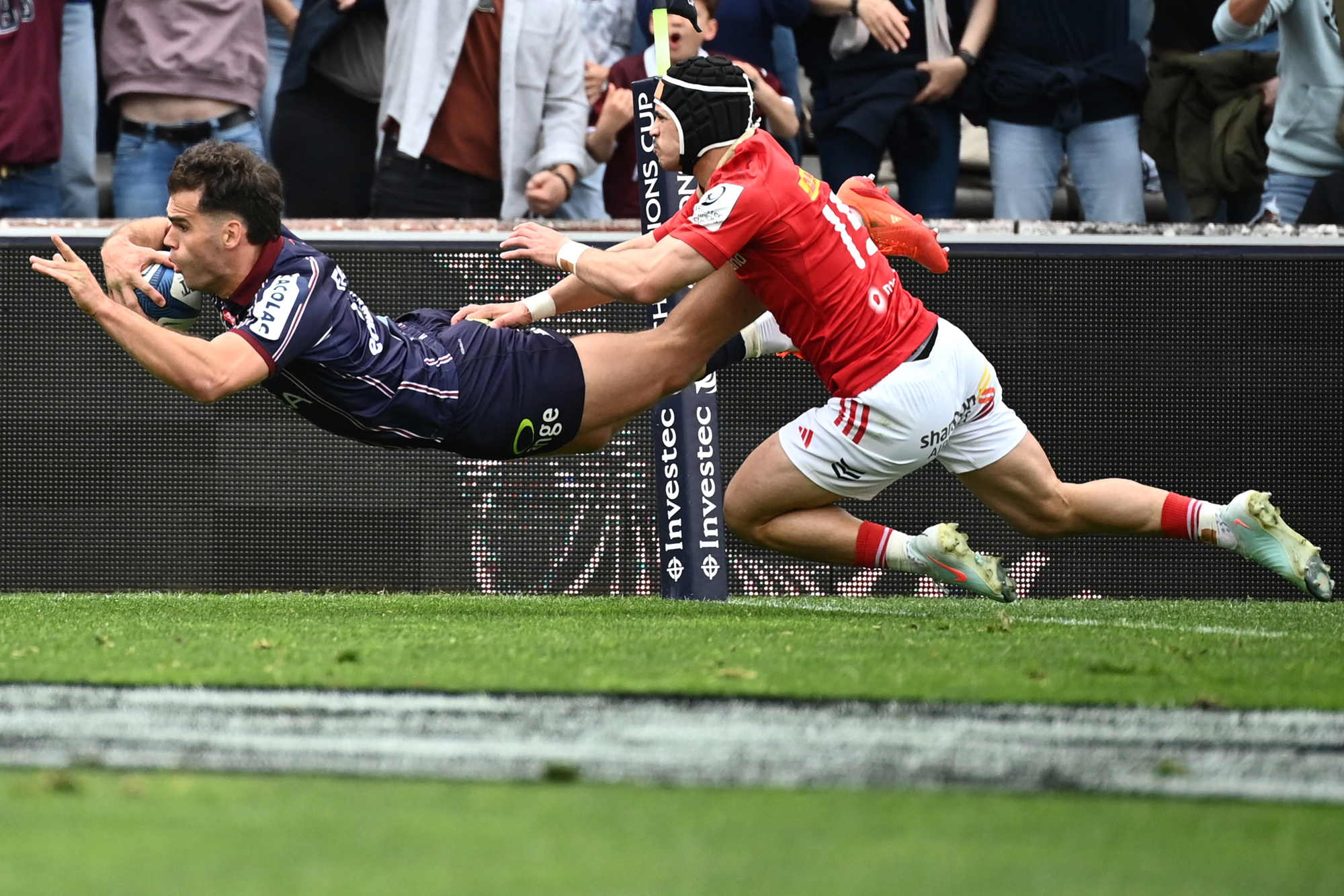 Bordeaux’s Damian Penaud dives across the try line during his side’s European Champions Cup win over Munster