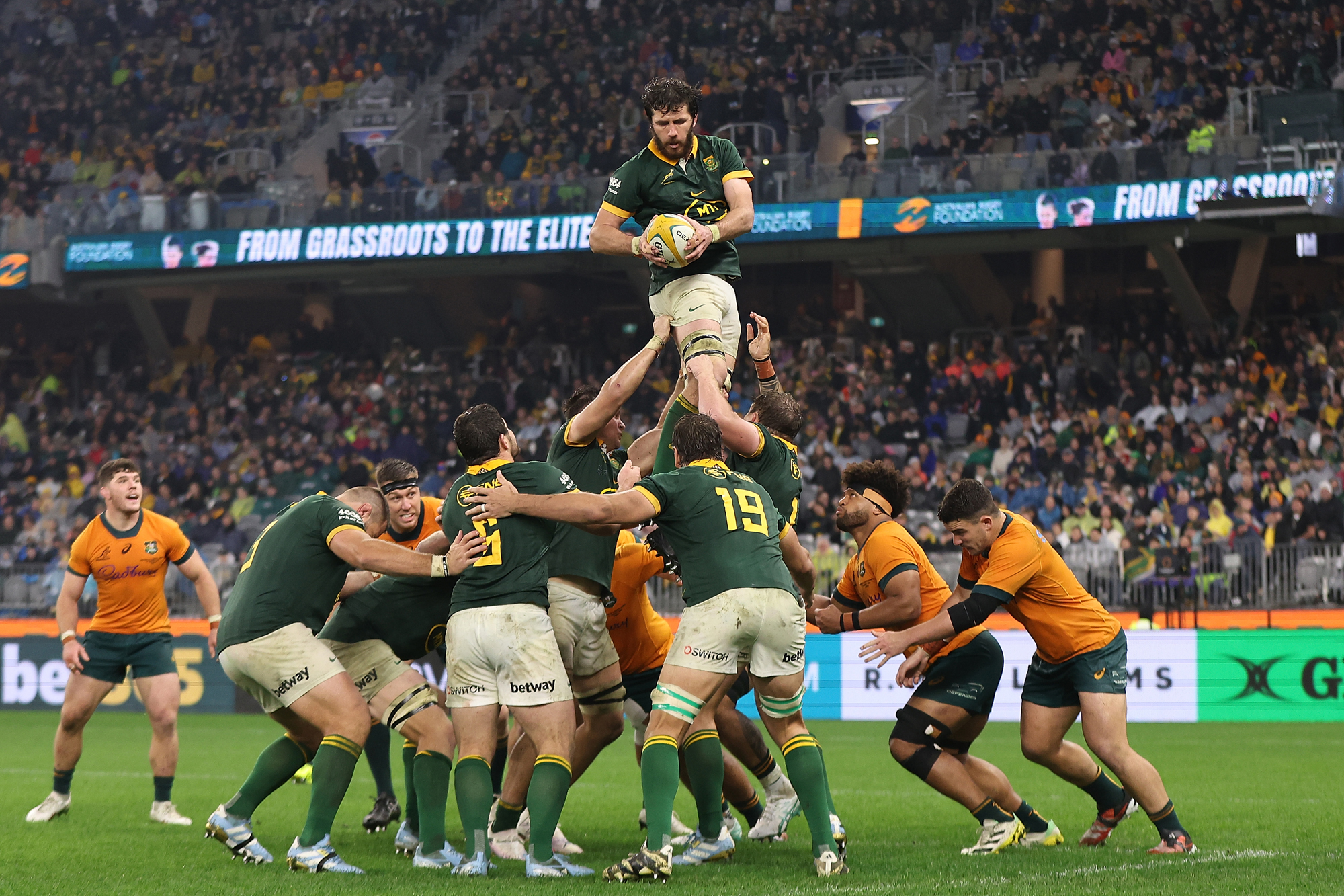 Ruan Nortje of the Springboks wins a lineout during the 2024 Rugby Championship match against Australia.
