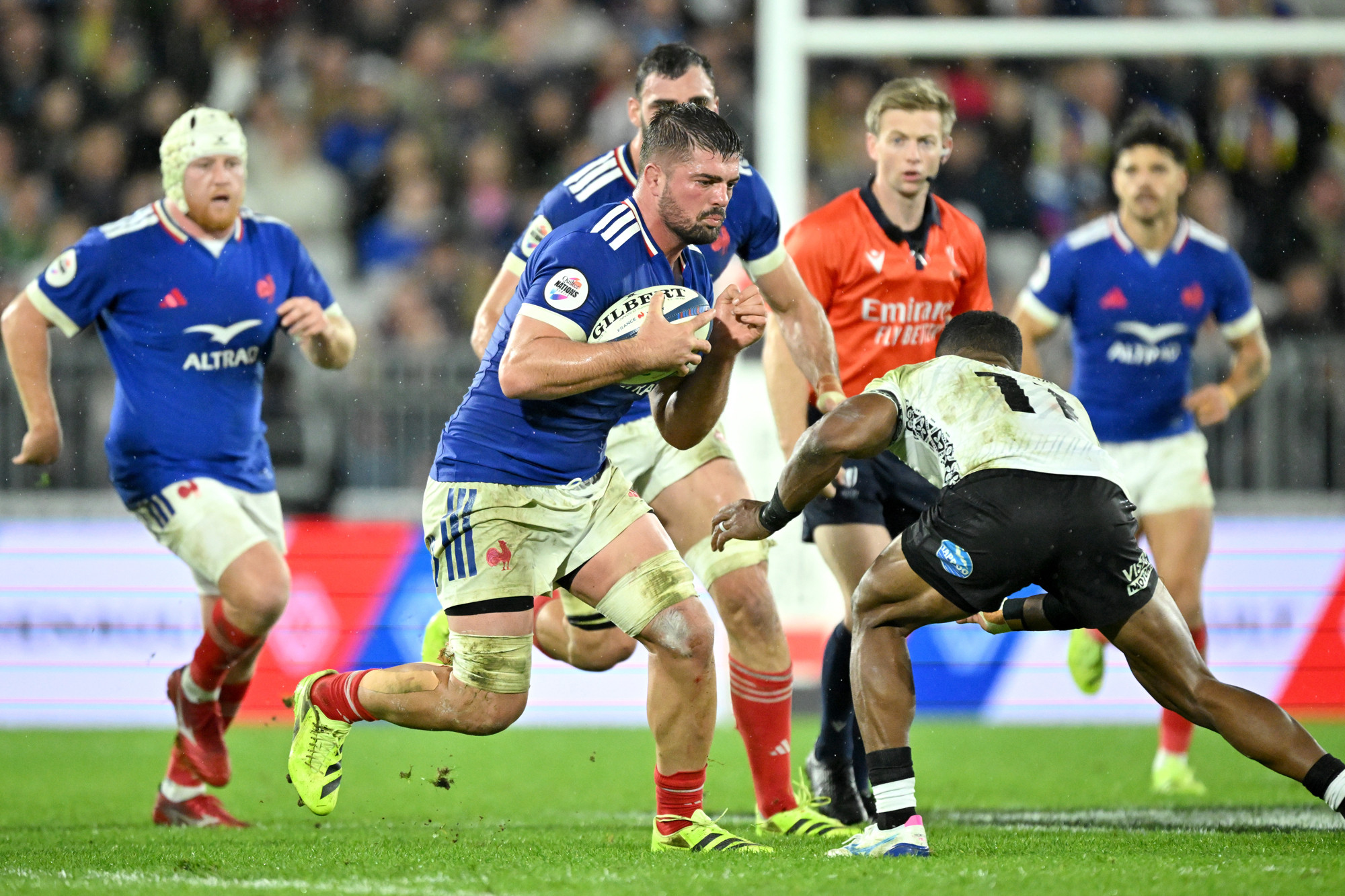 France’s Grégory Aldritt runs with the ball during the 2025 Quilter Nations Series victory over Fiji.