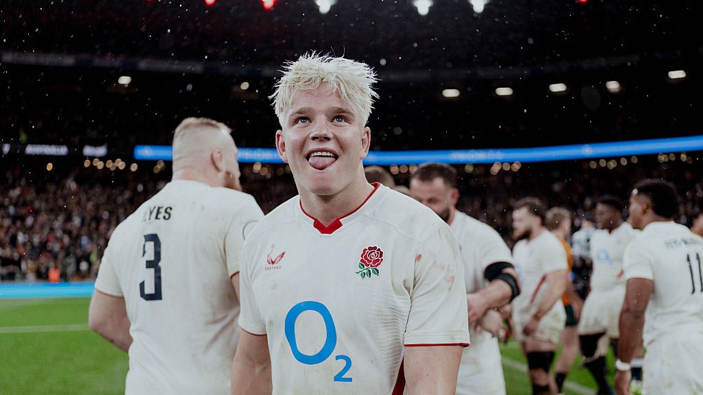 Henry Pollock of England reacts following the Quilter Nations Series international rugby match between England and Australia at Allianz Stadium on November 01, 2025 in London, England.