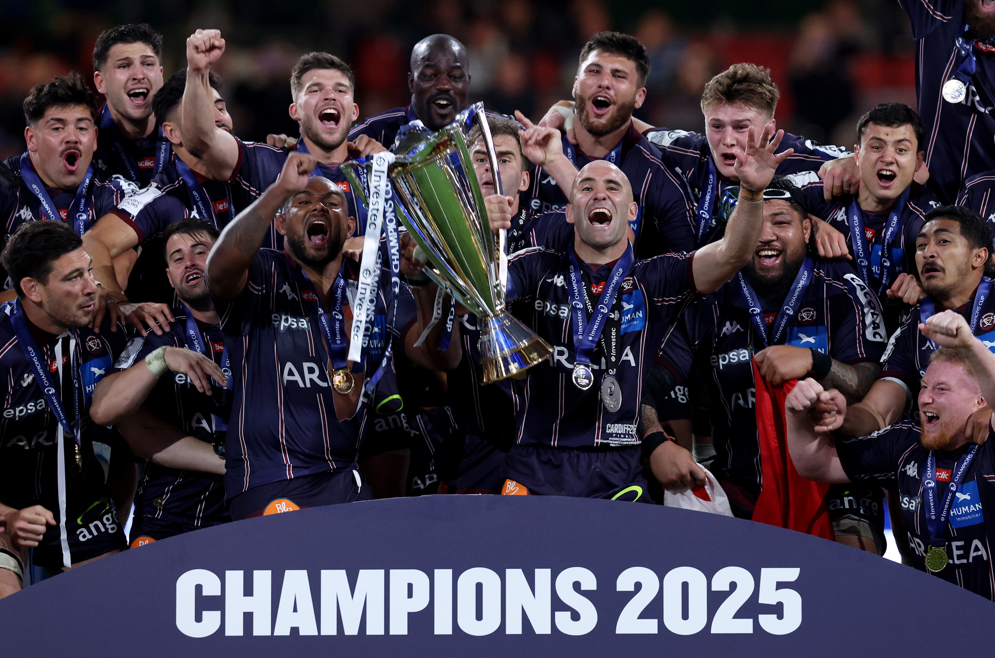 Bordeaux Bégles players celebrate lifting the European Rugby Champions Cup in May 2025