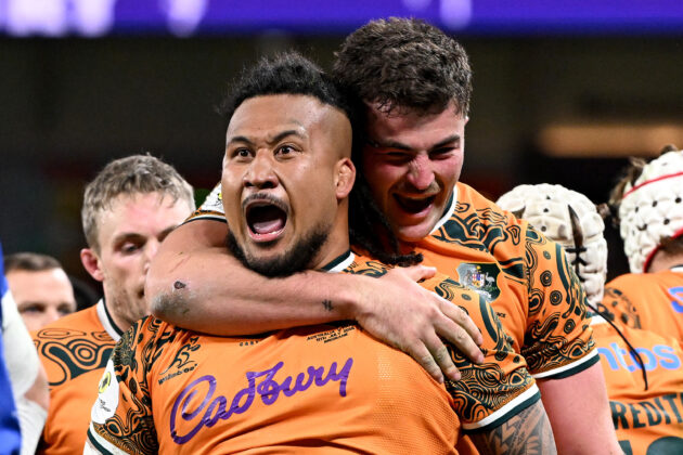 Brandon Paenga-Amosa of the Wallabies celebrates scoring a try with Jeremy Williams during the Nations Championship match between Australia Wallabies and France at Suncorp Stadium on July 11, 2026 in Brisbane, Australia